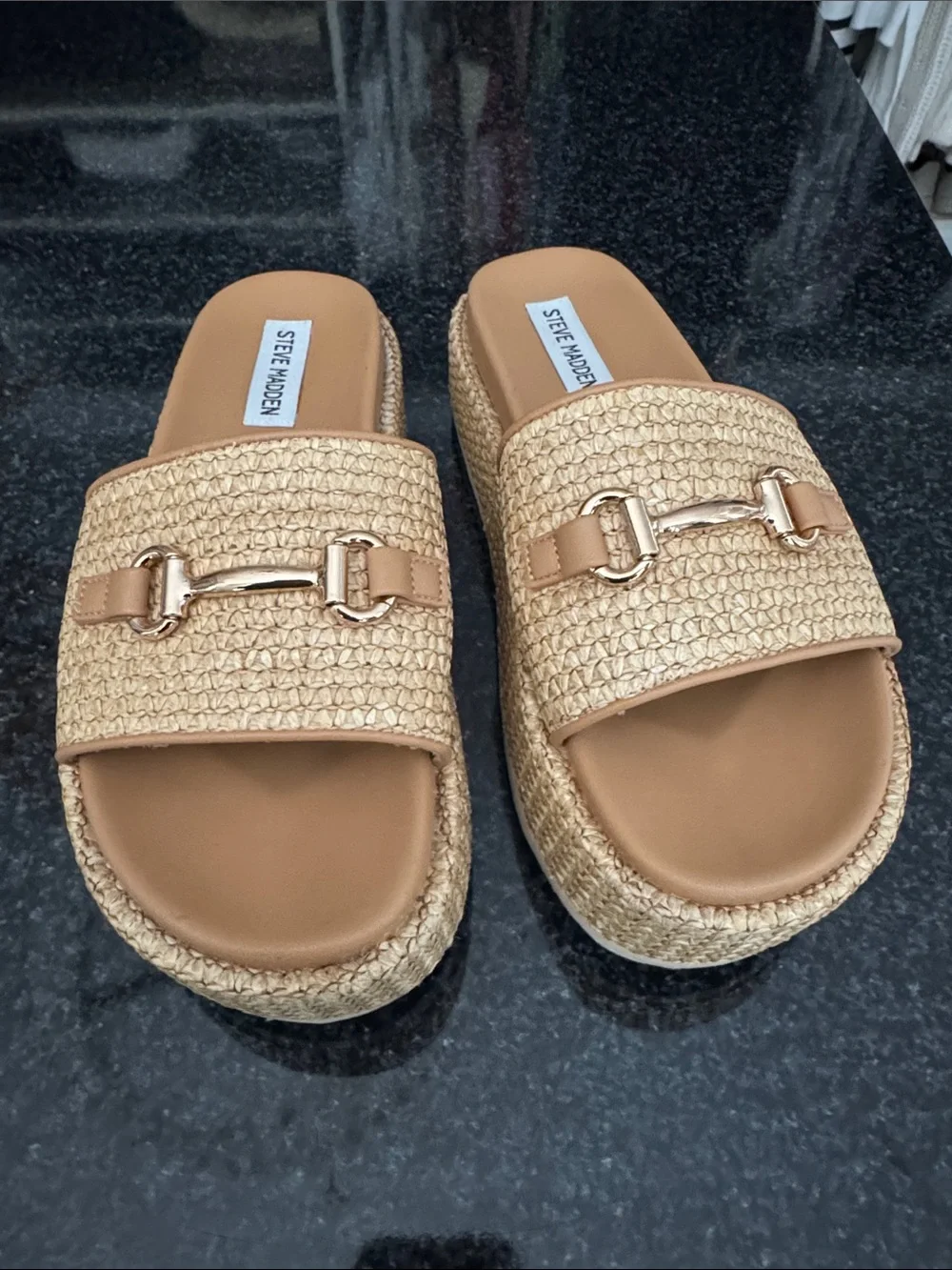 Steve Madden Beige Woven Platform Slide Sandals with Gold Buckle